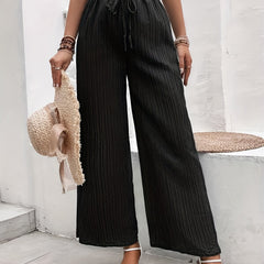 Solid Textured Wide Leg Pants Elastic Waist Tied Pants