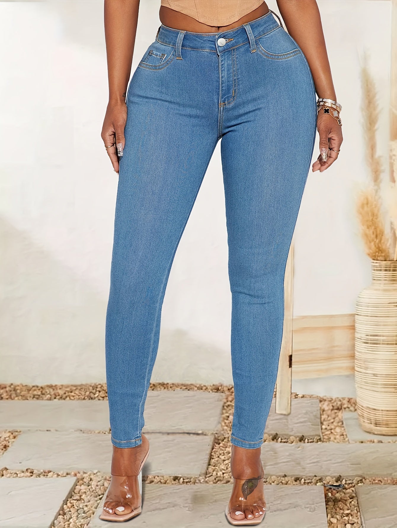 Skinny Jeans Women's Solid Button Fly Stretch Denim