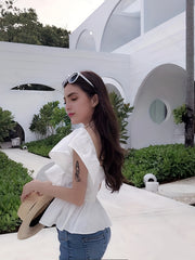 Asymmetrical Spaghetti Strap Top with Ruffle Trim - Summer Women's Clothing