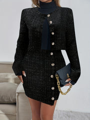 Button Front 2pc Set Long Sleeve Tops & Bag Hip Skirts