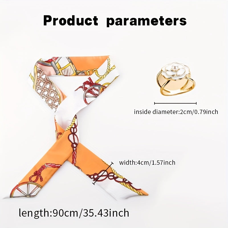 Orange Skinny Scarf & Scarf Ring Set Faux Pearl Camellia Shawl Buckle