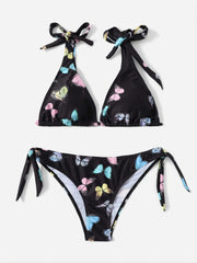 Butterfly Print Triangle Bikini Set Tie Shoulder Straps Knot High Cut