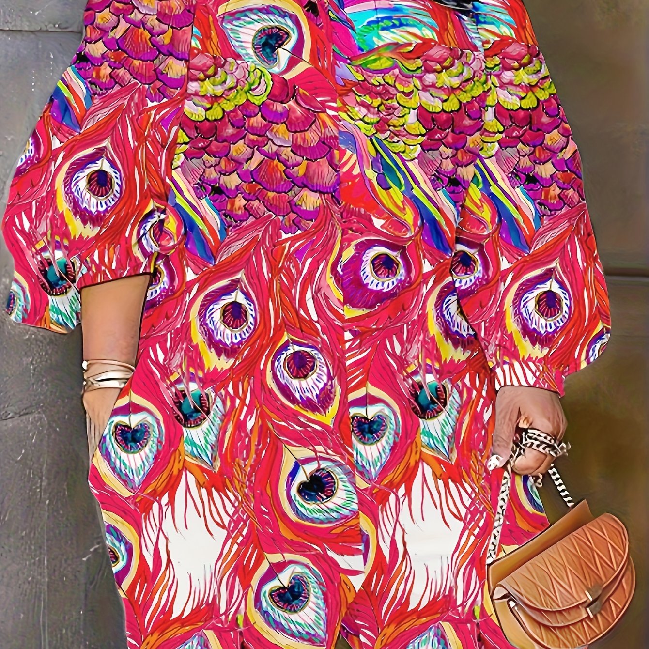 Peacock Print Off Shoulder Bubble Sleeve Romper With Pockets