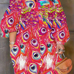 Peacock Print Off Shoulder Bubble Sleeve Romper With Pockets