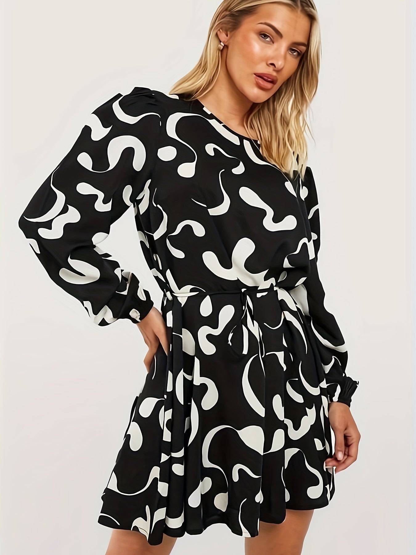 Graffiti Print Long Sleeve Dress with Belt