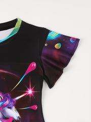Girls 3D Unicorn Print Short Sleeve Dress For Summer Outdoor Gift