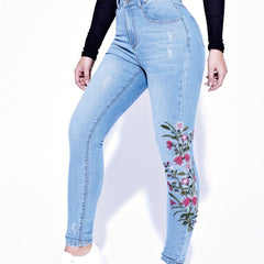Floral Embroidery Ripped Skinny Jeans High Waist Stretchy Slim