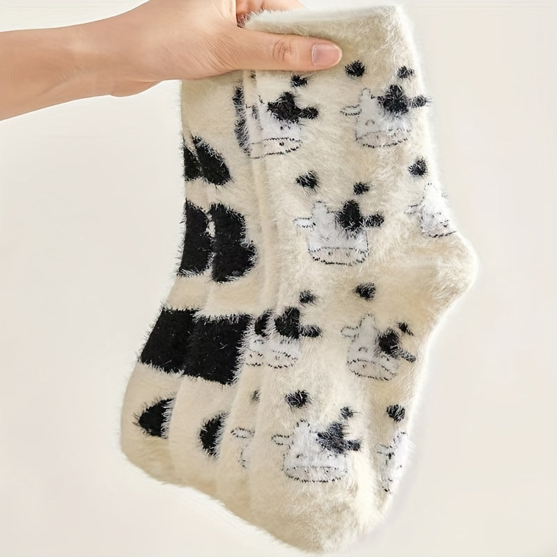 2 Pairs Cow Spot Socks Soft & Fuzzy Crew Mid Tube Socks Women's Stockings