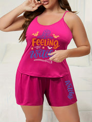 Halloween Pajama Set Witch Hat & Letter Print Round Neck Cami Top