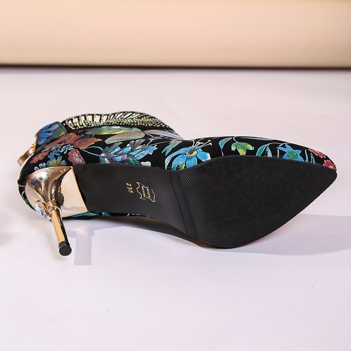 Floral Print Rhinestone Stiletto Heel Boots