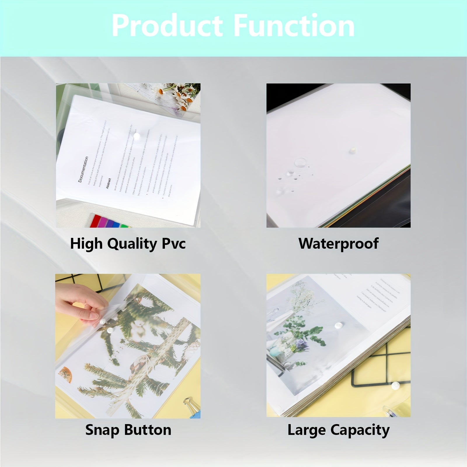 50pcs Clear Plastic Envelopes Button Snap Closure Waterproof File Folder A4 Size