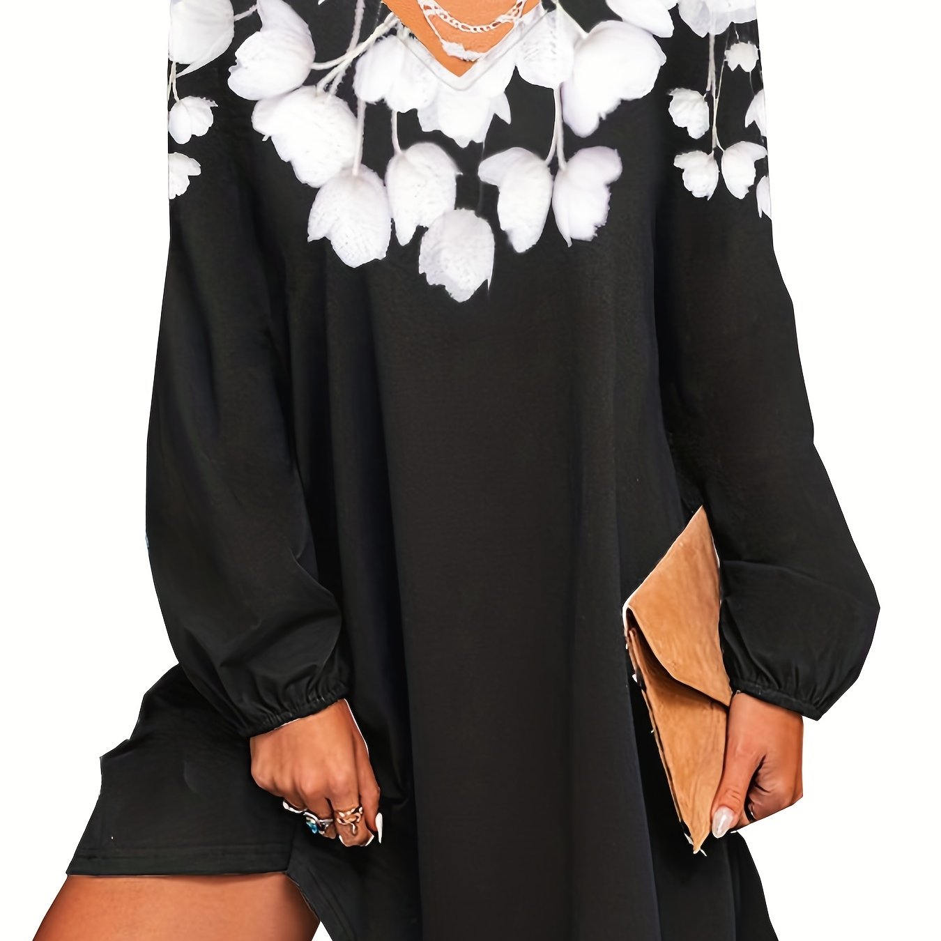 Floral V Neck Dress Long Sleeve Casual Summer