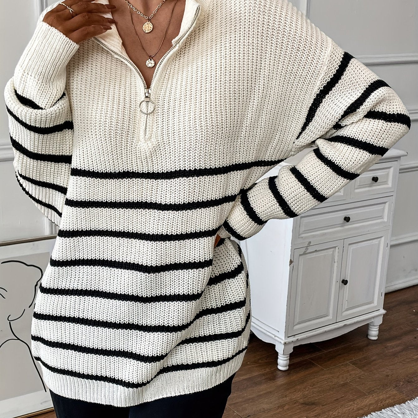 Striped Print Knit Sweater Long Sleeve Women's Clothing