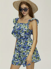 Floral Print Sleeveless Romper Jumpsuit Boho Ruffle Trim Tie Back
