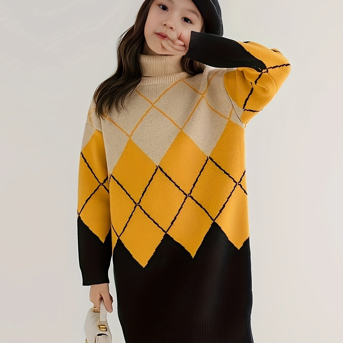 Girls 95 Cotton Diamond Pattern Long Sleeve Knitwear Kids Clothes Gift