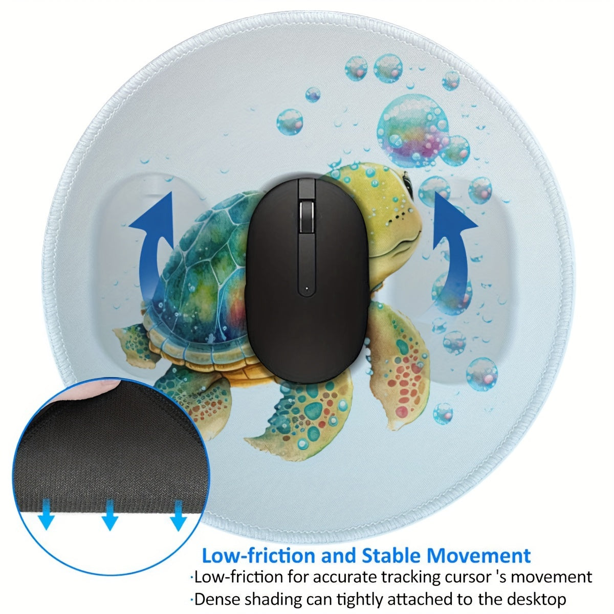 Sea Turtle Bubbles Mouse Pad Non Slip Rubber Base Round Mouse Mat L