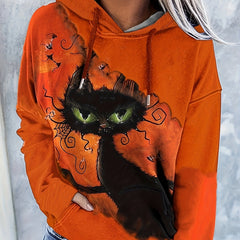 Halloween Cat Print Kangaroo Pocket Hoodie Women's Sweatshirt