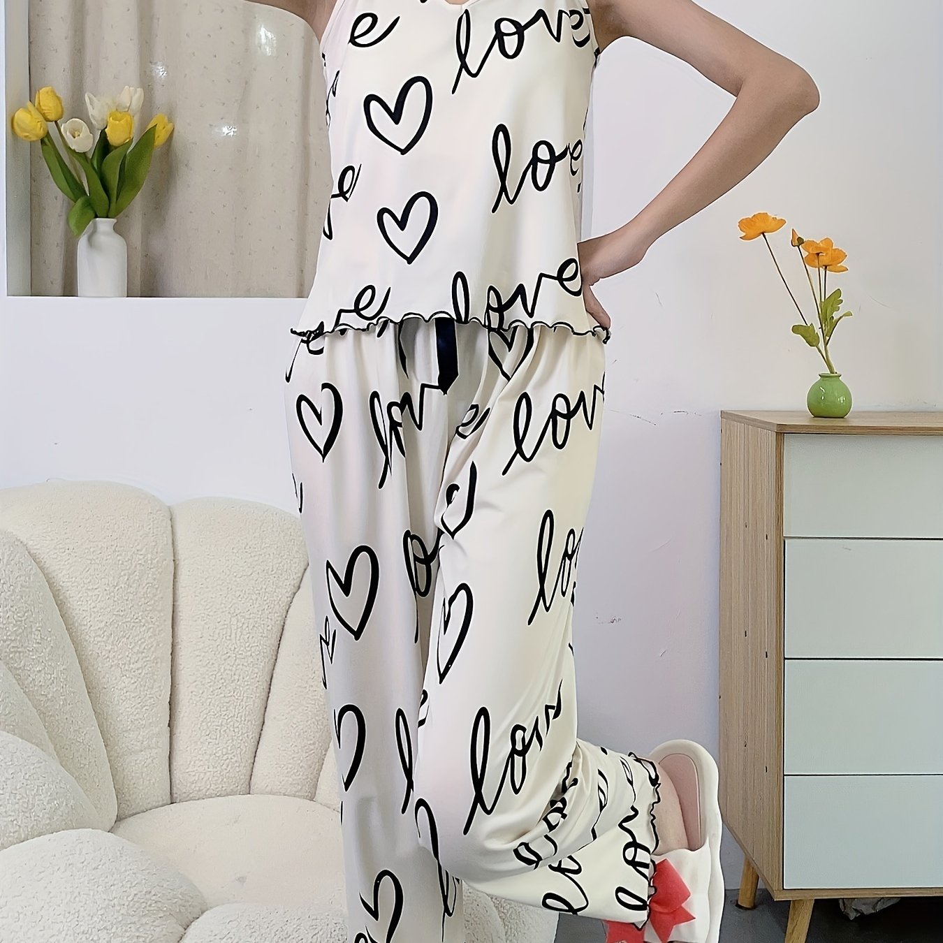 Heart Print Pajama Set V Neck Cami Top & Lounge Pants