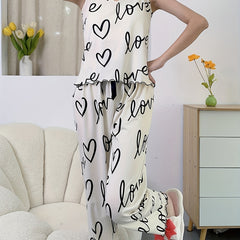 Heart Print Pajama Set V Neck Cami Top & Lounge Pants