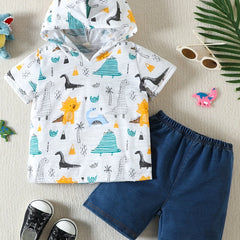 Boys Dino Print Hoodie & Denim Shorts Set