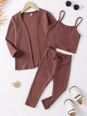 Girl's Waffle Pattern 2pcs Cami Top & Cardigan & Pants Set