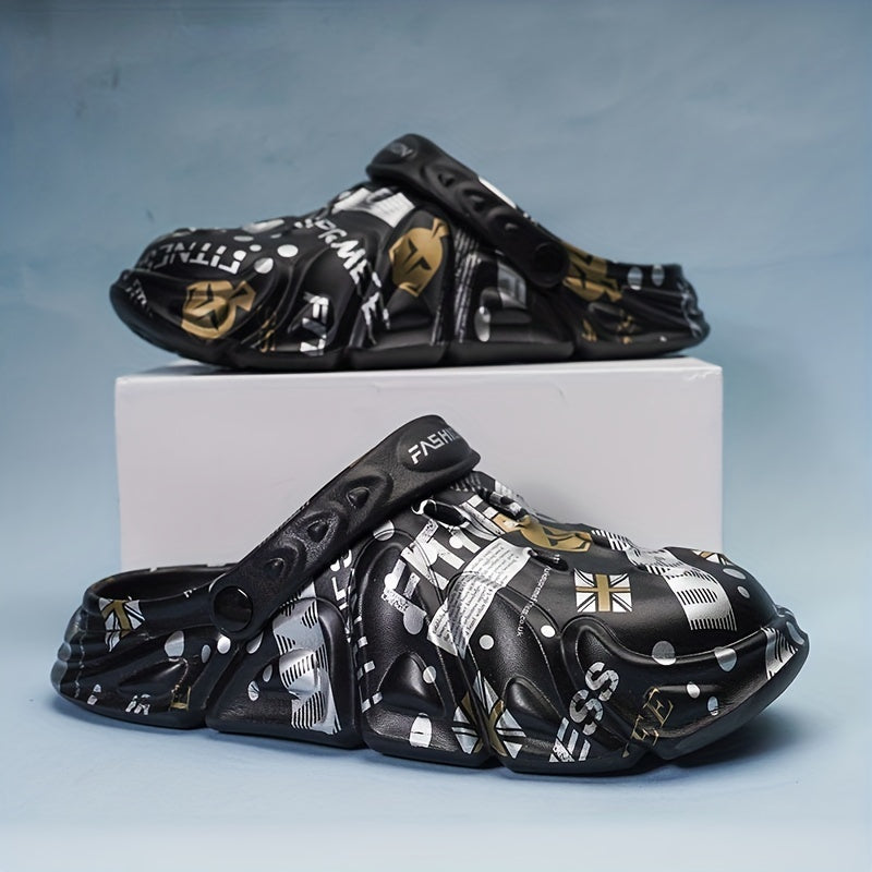 Men's Graffiti Print Comfy Clogs Hollow Out Garden Shoes