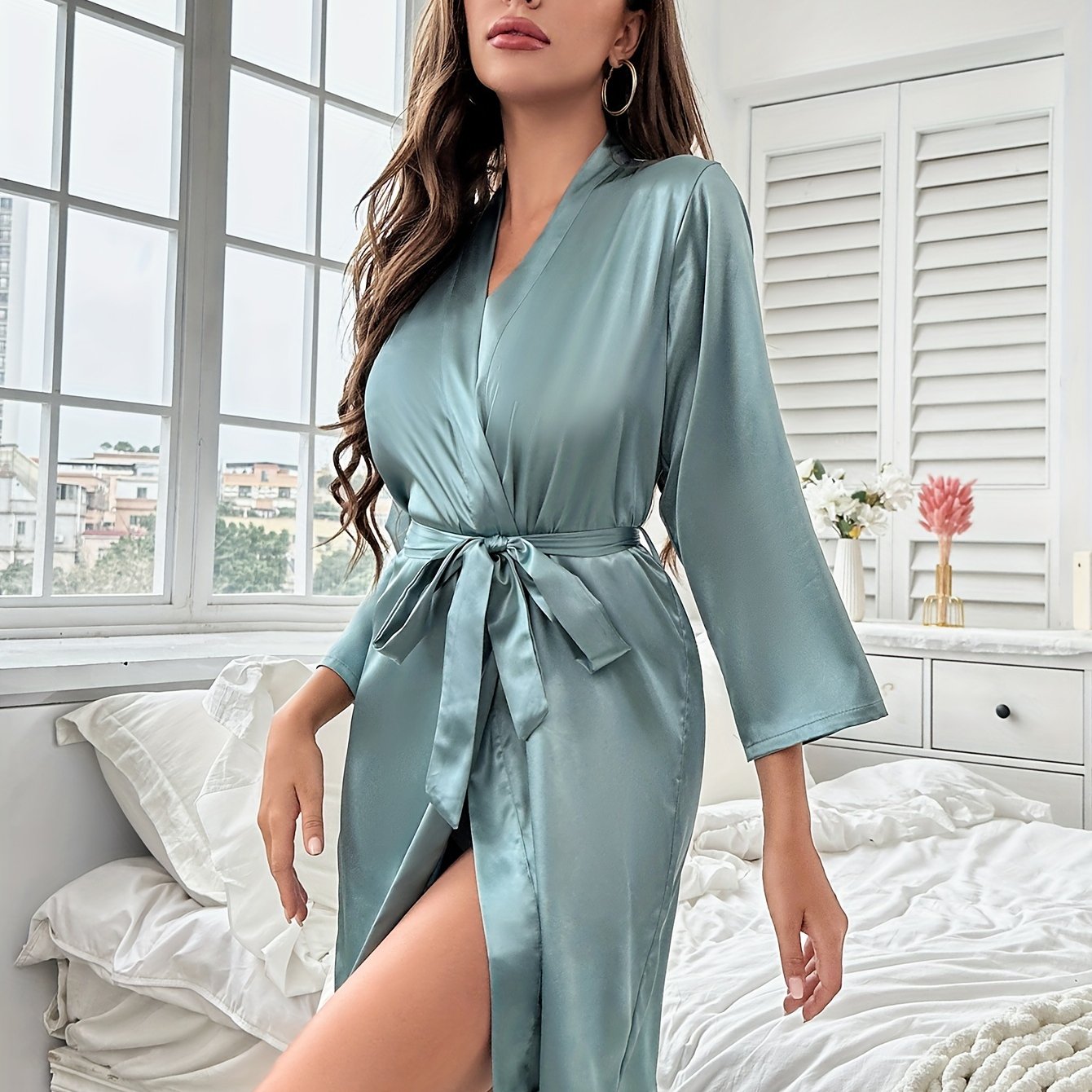 Women's Satin V-Neck Long Sleeve Night Robe with Belt