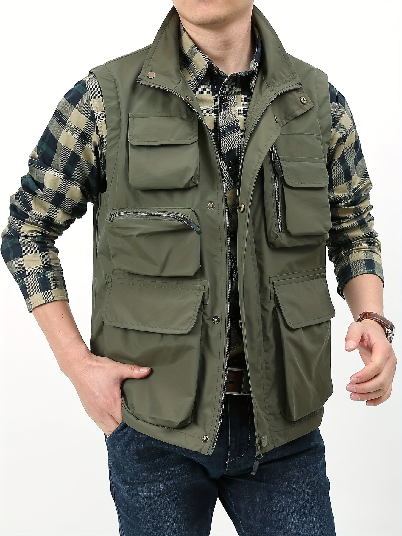 Men's Zipper Pockets Cargo Vest - Casual Stand Collar Outwear