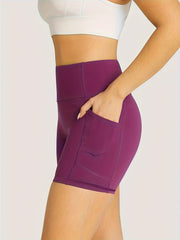 Solid Yoga Shorts With Pocket High Stretch Running Fitness Sports Shorts