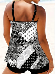 Boho Tankini Set Women's Plus Colorblock Paisley Print Round Neck