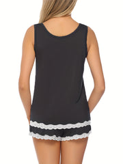 Casual Two piece Set Lace Trim Tank Top & Shorts