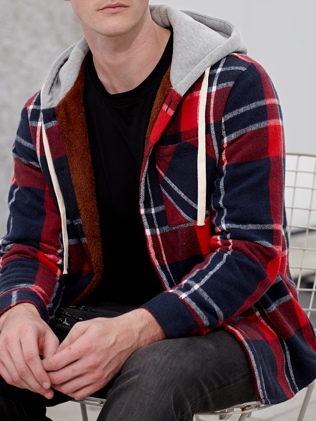 Men's Plaid Button Up Hooded Shirt Coat