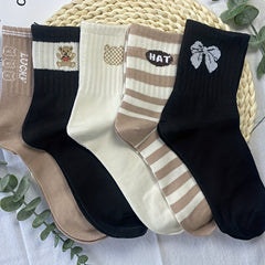 5 Pairs Bear & Letter Print Socks Women's Mid Tube Stockings