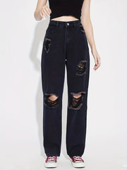 High Rise Distressed Straight Leg Denim Jeans
