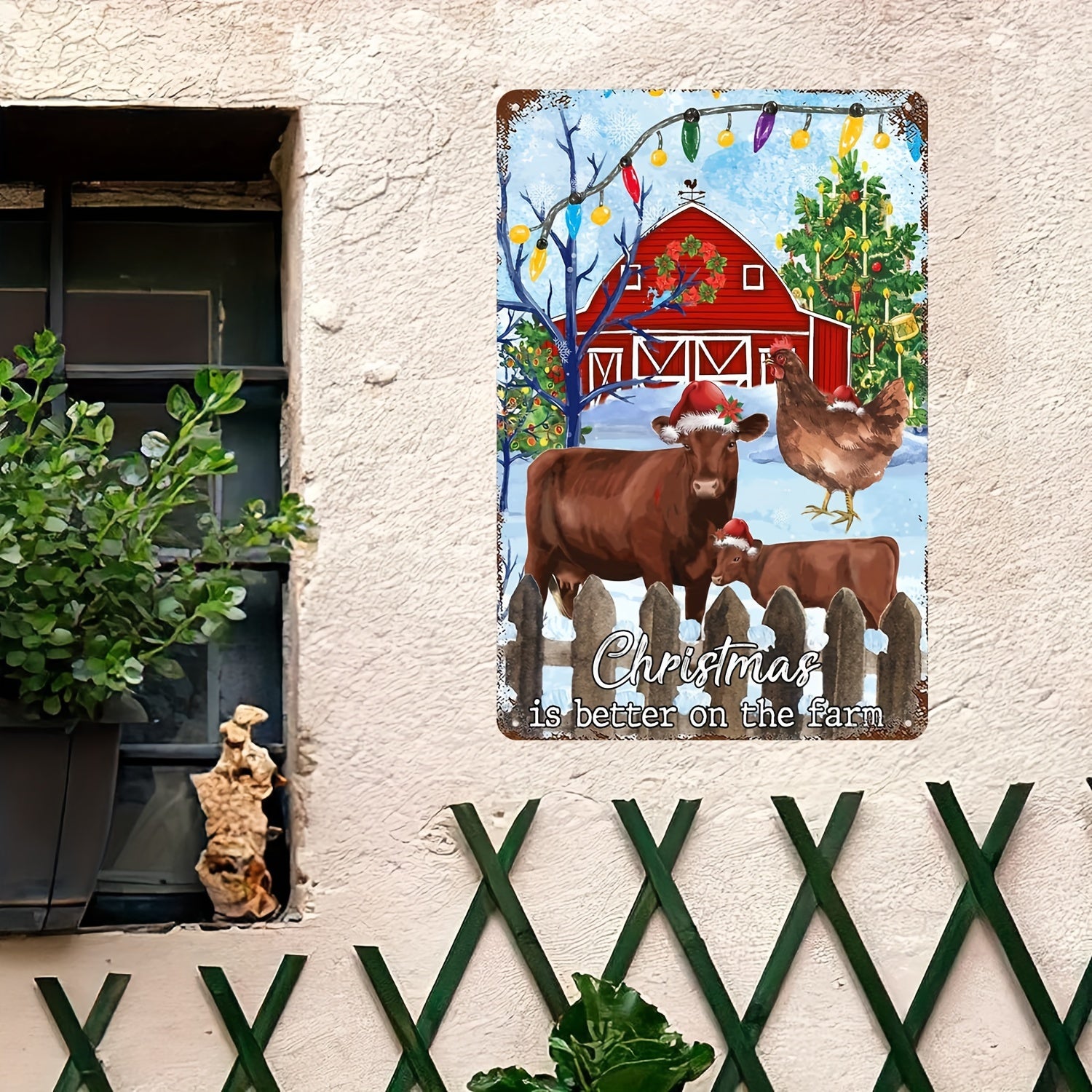 Cattle With Santa Hat Christmas Metal Sign Bells Tie Green Stripe Tin Sign