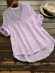 Stripe Print Button Up Short Sleeve Blouse