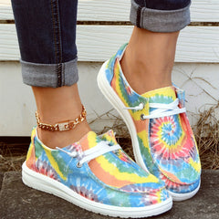 Tie Dye Flower Boat Shoes Lace Up Canvas Lightweight Breathable Walking Shoes