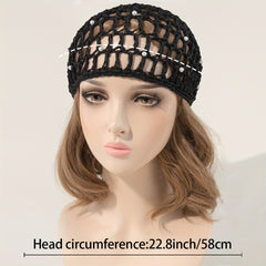 Faux Pearl Hair Net Snood for Women Hollow Crochet Turban Hat for Sleeping