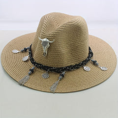 Bohemian Men's Sun Hat with Cow Head Pendant