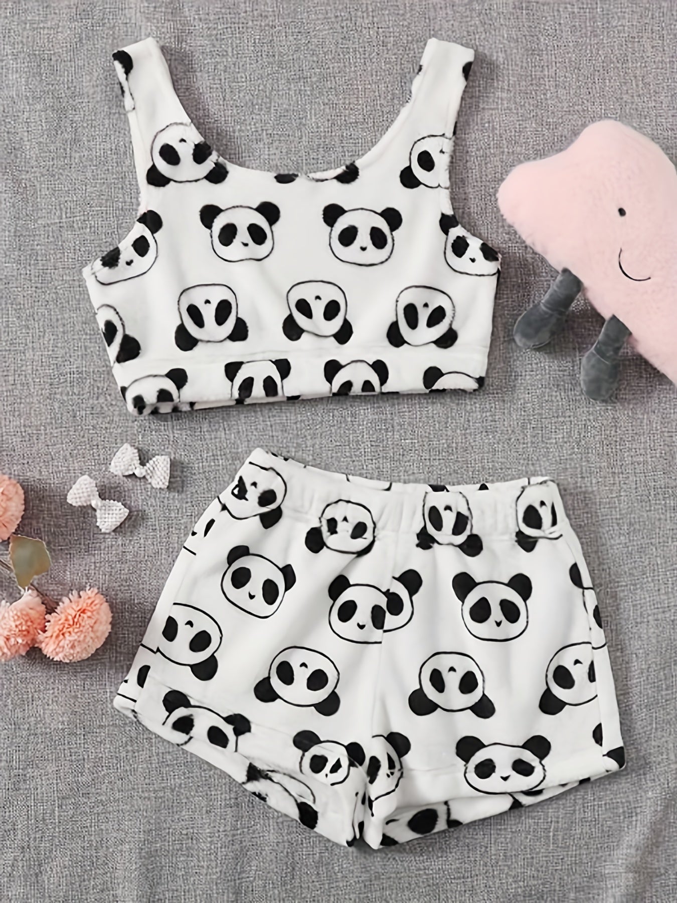 Flannel Panda Print Crop Tank Top & Shorts Pajama Set