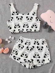 Flannel Panda Print Crop Tank Top & Shorts Pajama Set