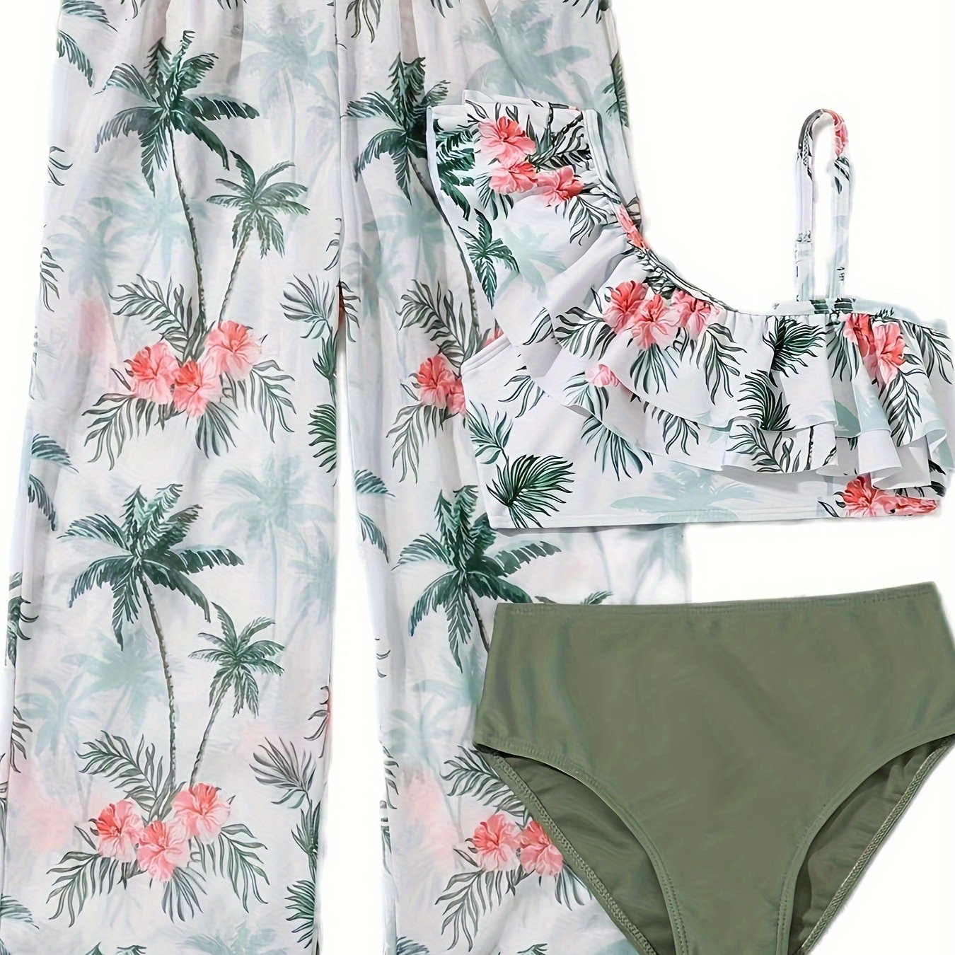 Girls Coconut Tree & Flower Print Swimwear Set