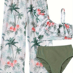 Girls Coconut Tree & Flower Print Swimwear Set