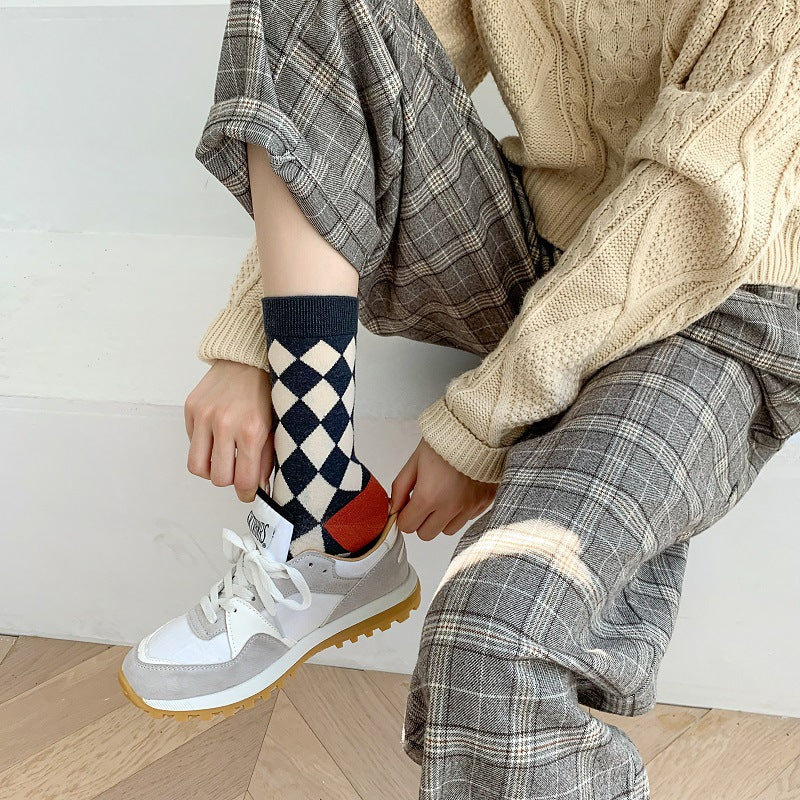 5 Pairs Crew Socks Women Checkerboard Floral Print