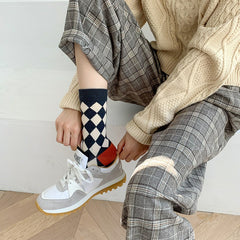 5 Pairs Crew Socks Women Checkerboard Floral Print