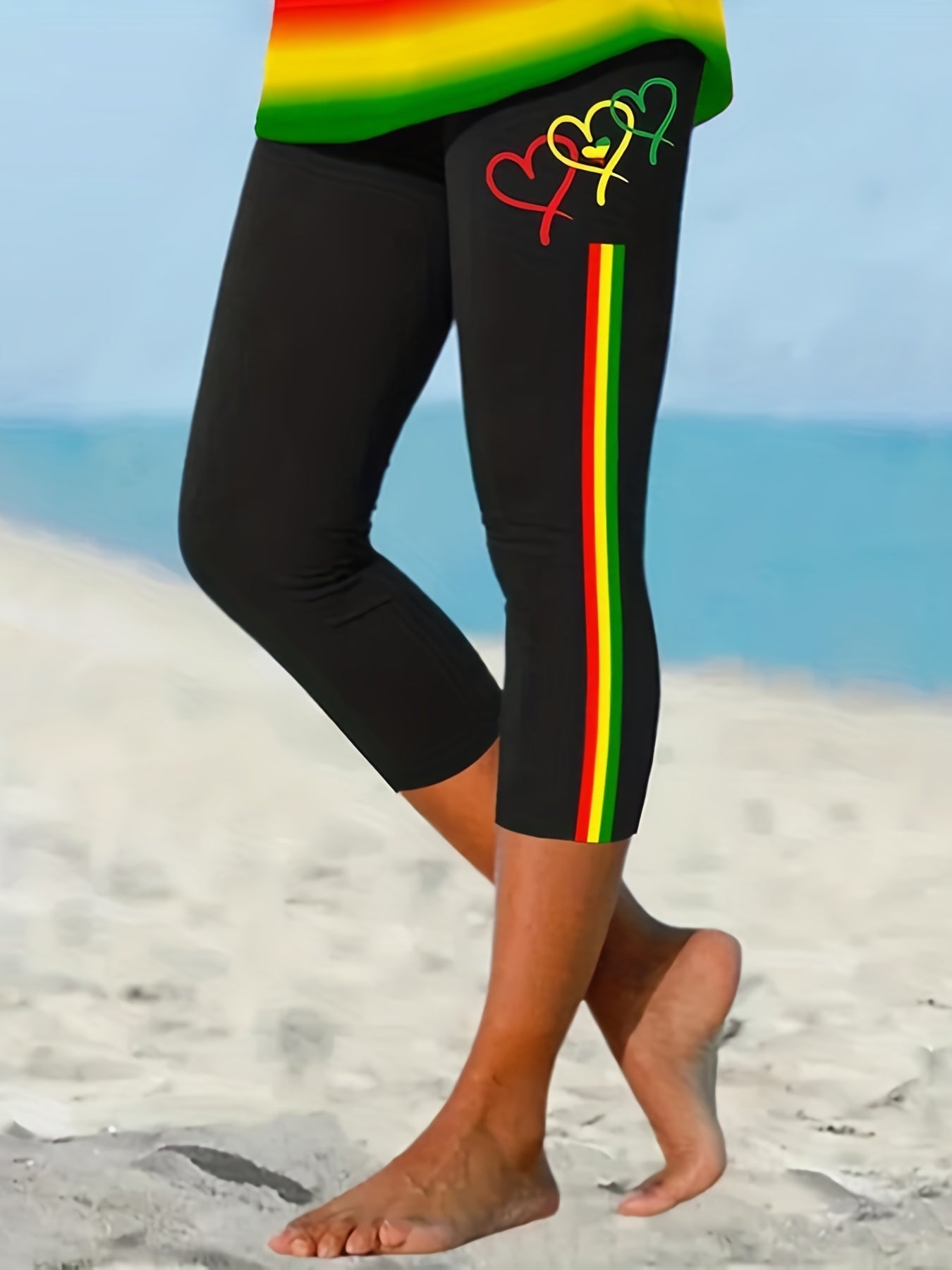 Heart Print Skinny Capris Leggings for Women