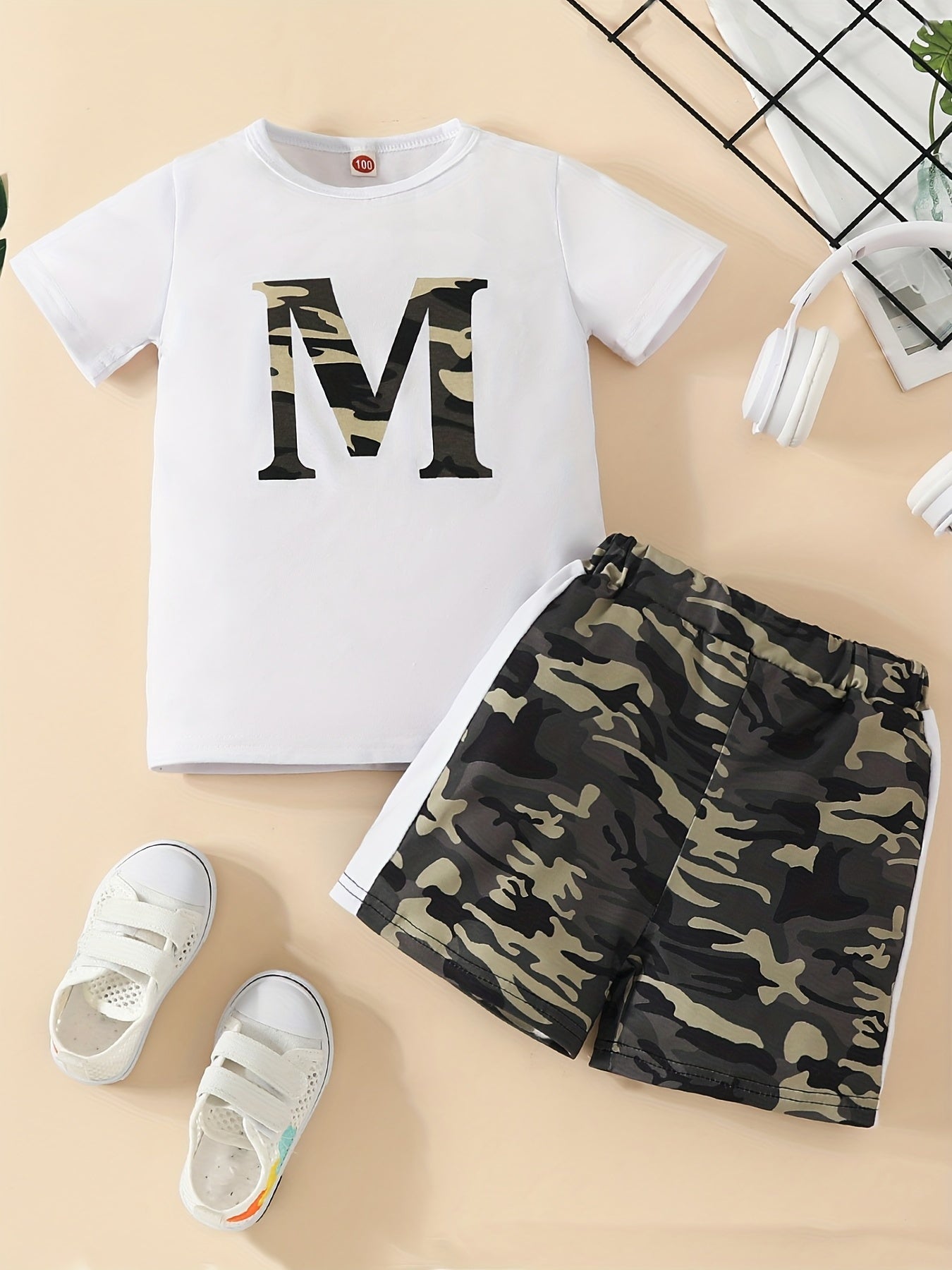 Boys Camo Outfit Round Neck T shirt & Shorts Summer Clothing Set