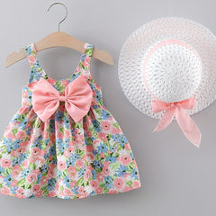 Sweet & Baby Girl's Flower Print Puffy Cami Dress With Bow & Hat
