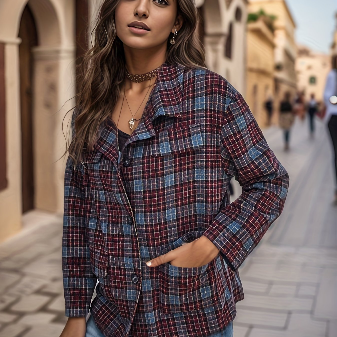 Plaid Print Button Front Jacket Collared Long Sleeve Outerwear
