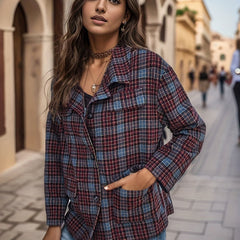 Plaid Print Button Front Jacket Collared Long Sleeve Outerwear
